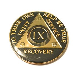 Recovery Line 9 Year AA Medallion - Classic Black & Gold Alcoholics Anonymous Chip, Token, Coin