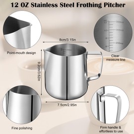 Honeydak 12 Pcs Milk Frothing Pitcher 304 Stainless Steel Steaming Pitchers for Coffee Bar Cappuccino Barista Tools Milk Jug Steamer Frother Cup (12 oz)