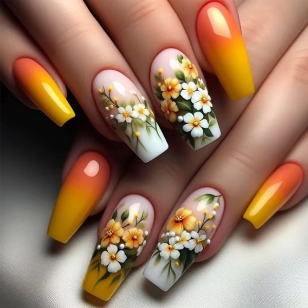 Cute Medium Coffin Press on Nails 24Pcs False Fake Nails