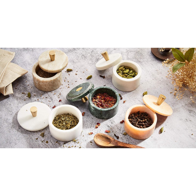 Queenza White Marble Salt Cellar with Lid and Brass Knob,