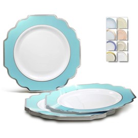 " OCCASIONS" 60 Plates Pack, Heavyweight Disposable Wedding Party Plastic Plates (8'' Dinner Plate, Imperial in White/Turquoise Blue & silver)