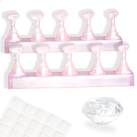 MISSELF Nail Holder for Nail Art Practice, Nail Stands for False Nails Painting, 30 pcs of adhesive putty 1 Crystal Base 2 Sets Magnetic Acrylic (Jelly Pink)