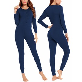 LecGee Womens Pajama jumpsuits One Piece Sleepwear Button bodysuit Underwear Set Long Sleeve Union Suit Navy Blue