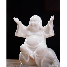 QINLANG Small Ceramic White Laughing Buddha Statue for Good Luck, Lucky Happy Buddha Statue Sitting on Money Bag for Good Luck and Prosperity