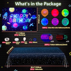 78 PCS Glow Neon Outer Space Party Decorations - Astronaut Planet Happy Birthday Backdrop Banner, Galaxy Tablecloth, Glow in The Dark Balloons for Boy Neon Space Party Supplies