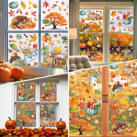 HEYINSHEN 84Pcs Fall Window Clings Harvest Stickers for Windows Autumn Window Sticker Pumpkin Fox Elk Maple Leaf Fall Craft for Double Sided Window Clings Autumn Home School Office DIY Crafts Decor