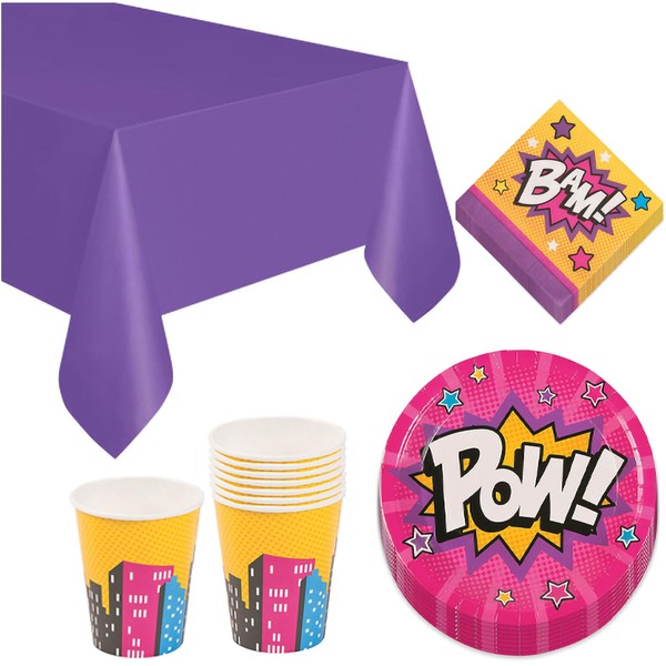 Superhero Girls Party Pack - Pink Action Hero Dinner Plates, Lunch Napkins, Cups, and Table Cover Set (Serves 8)