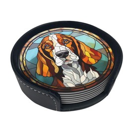 Drink Coaster Set of 6, Basset Hound Dog Mom Lover Gift,Leather Drink Coasters with Holder,6 Pack Cup/Bar/Drink Coasters for Table/Drinks/Coffee Protection Housewarming Gift