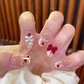 [Overseas] 2025 Fall Nail Art New Year's Wear Nails 2025 New Year Red Lion Eye Cat Eye Nails S/Red Lion New Short Square 17mm 4ea