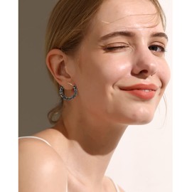 Glitter Hoop Earrings Bohemian Sparkle Resin Rhinestone Wrapped Hoop Dangle Earrings for Women (Black)