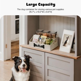 Dog Treat Contanier, Dog Storage Organizer with Removable Dividers, Collapsible Dog Treat Holder for Countertop, Trapezoid Pet Treat Containers for Dogs Food, Dog Toy Basket with PU Handles, Beige