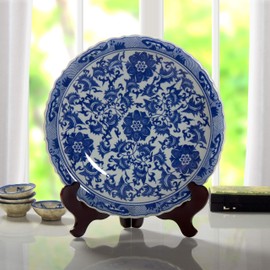 Oriental Furniture 14" Floral Blue & White Porcelain Plate