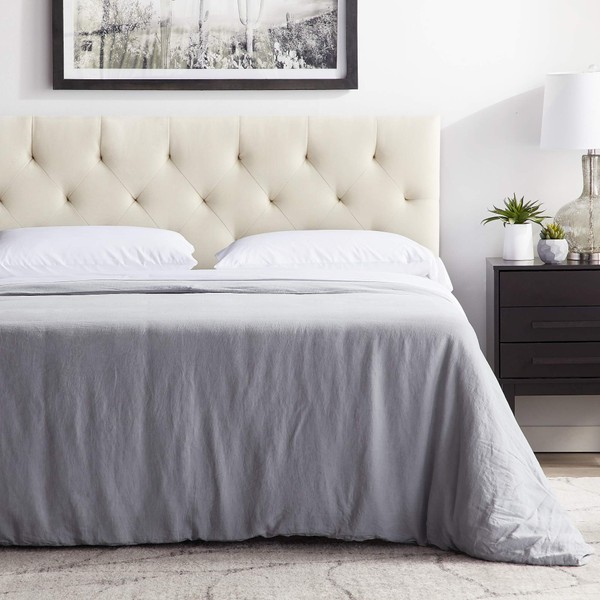 LUCID Queen Mid-Rise Upholstered Polyester Headboard - Diamond Tufted - Adjustable Height from 34” to 46” - Bed Frame or Wall Mount - Pearl