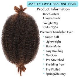 8 Packs Springy Afro Twist Hair Marley Twist Braiding Hair Pre-Separated Kinky Twist Hair for Black Women Spring Twist Hair 8 inches Ombre Brown Wrapping Hair for Soft Locs (8 Inch (Pack of 8), T30#)