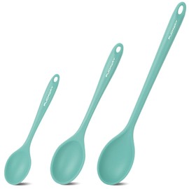 PUCKWAY 3 Pcs Silicone Spoons Set of 7.9 10.6 14.2 inch for Cooking, Heat Resistant Kitchen Spoons for Mixing, Stirring, and Serving, Small to Large Non Stick (Green)