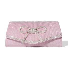 Trisapu Bow Evening Bag Sparkly Clutch Purses for Women Wedding Glitter Rhinestone Party Prom Purse Dressy Clutch Bags Pink