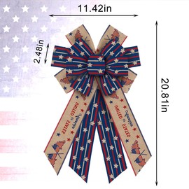 Large Patriotic 4th of July Bow for Wreath, Burlap Patriotic Wreath Bow for 4th of July Patriotic Décor USA Flag Wreath Bow for Front Door Indoor Outdoor Wall Tree Topper Decoration Supplies Ornament