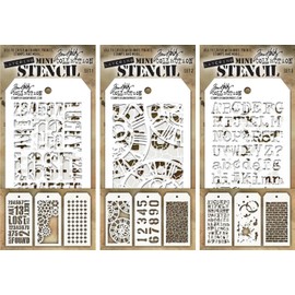 Tim Holtz - Nine Mini Layering Stencils - Industrial, Gears, Plus, Clockwork, Numbered, Crackle, Typo, Splatters and Bricked - aka sets 1, 2 & 3
