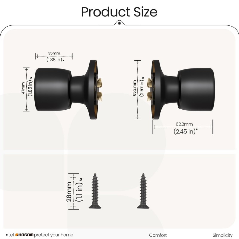 HOSOM 6 Pack Dummy Door Knobs，Matte Black Door Knobs Keyless
