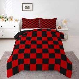 Feelyou Checkered Bedding Set Teen Women Men Red Black Plaid Comforter Set Full Size Kids Boys Girls Cute Retro Neutral Checkerboard Geometric Duvet Insert Vintage Aesthetic Room Decor