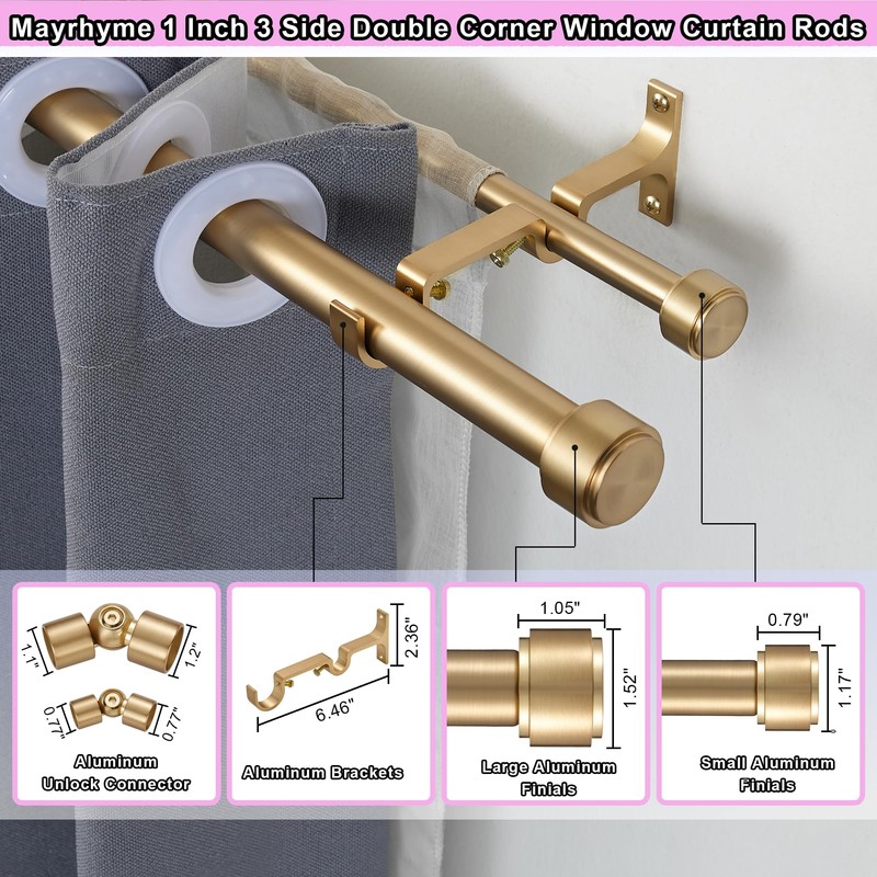 Warm Gold Double Corner Window Curtain Rods with Aluminum End