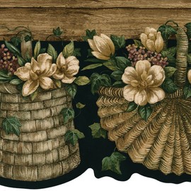 CONCORD WALLCOVERINGS ™ Wallpaper Border Floral Pattern Baskets Flowers Leaves for Kitchen Dining Room Living Room, Brown Green Black Beige, 15 Feet by 9 Inches BSB7072B