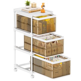 3 Drawer Storage Organzier - Plastic Drawer Stroage, Stackable Storage Drawers, Storage Bins with Wheels, Foldable Drawer Organizer, 20 Quart/Bin, Total 60 Qurat