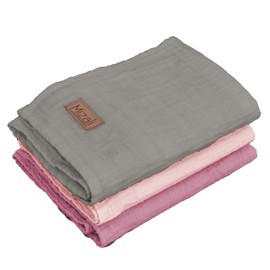 Mizali Premium Muslin Cloth Baby Burp Cloths, 50 x 70 cm, 2-Ply, Cotton, Set of 3, Plain (Rose, Dusky Pink, Grey)