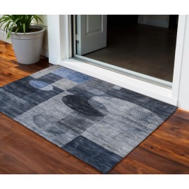 Homeroots 3' X 5' Navy Blue Gray And Charcoal Geometric Washable Indoor Outdoor Area Rug