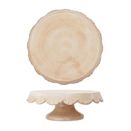 Creative Co-Op Hand-Painted Stoneware Pedestal with Scalloped Edge and Embossed Dots, Nude Color, Medium