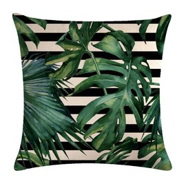 7COLORROOM 2Pack Tropical Green Leaves Throw Pillow Cover with Stripe Background Monstera Palm Tree Cushion Covers Home Decorative Square Cotton Linen Palm Pillowcase 18"×18" (Green/Black, 18" x 18")