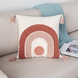 Watermelon Red Cotton Woven Tufted Throw Pillow Cover,Cute Rainbow semicircle with Tassels Decorative Pillowcase,Cozy Cushion Cover for Bedroom Living Room Couch,Regalo Para Navidad,18x18 Inches