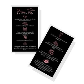 Boutique Marketing LLC Brow Tint Aftercare Card | 50 Pack | 2x3.5” inch Business Cards | Matte Black with Rosey Pink Design