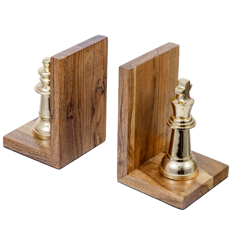 MyGift Decorative Chess Bookends Heavy Duty Mango Wood and Brass