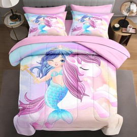 WeCozy 7 Pcs Queen Size Comforter Set with 2 Pillowcases & 2 Shams, Cute Unicorn Mermaid Bedding for Kids and Adults, Love Kids Rainbow Bed in a Bag with Flat Fitted Sheet