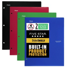 Five Star DuraShield Antimicrobial 2-Pocket Stay-Put Plastic Folders, 4 Pack, Holds 11" x 8-1/2", Assorted Colors (330010-ECM)