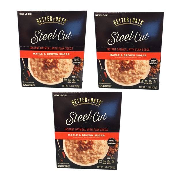 BetterOats Oat Steel Cut Maple and Brown Sugar Oatmeal with Flax, a Great Source of ALA OMEGA-3 - 3 Pack, 10 pouches each