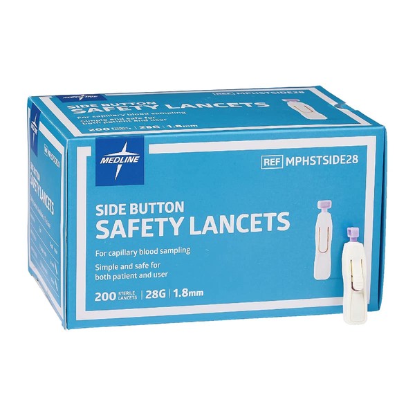 Medline Safety Lancets, Side-Button Activation, 28G x 1.8 mm, 200 Count
