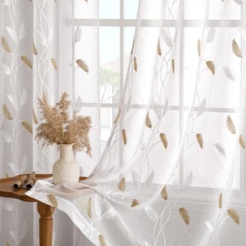 MIULEE Voile Curtains with Eyelets for the Living Room, Elegant Transparent Curtains with Beautiful Leaf Pattern and Embroidery, Set of 2, Perfect for Modern Bedrooms, Size H 245 x W 140 cm, Beige