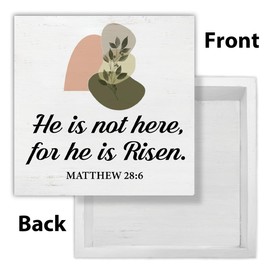 Easter Decor - Easter Christian Decorations - Matthew 28:6 Bible Verse Wooden Sign Home Living Room Bedroom Desk Table Shelf Decor 5×5 Inches