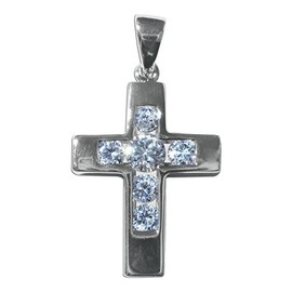 PRECIOUS STARS Sterling Silver 925 Channel-set Cubic Zirconia Roman Cross Religious Pendant