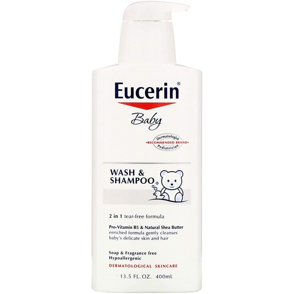 Eucerin Baby Wash & Shampoo, 2 in 1 Tear Free Formula, Hypoallergenic & No Fragrance, Nourish and Soothe Sensitive Skin, Unscented, White, 13.5 Fl Oz