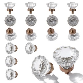 Dresser Crystal Drawer Knobs Cabinet Knob 16 Pack Antique Drawer Pulls, Kitchens Closet Drawers Cupboard Wardrobe Vintage Tiradores para Gabinetes De Cocina, Clear Crystals Champagne Bronze Base