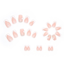 Pink French Press on Nails Short White Camellia Pearl Design Square False Nails Artificial Acrylic Coffin Nails Full Cover Reusable Fake Nails Nature Fit Stick on Nails Glue on Nails for Women