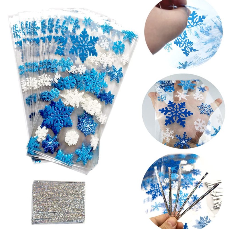 SaktopDeco 100 PCS Christmas Snowflake Cellophane Bags Gift Bags Candy
