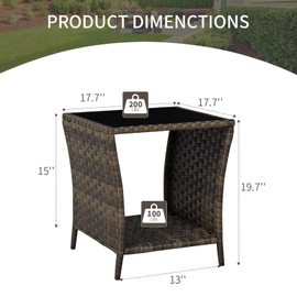 AIIT Rattan Patio Side Table - Outdoor Wicker Coffee Table with Glass Top, Storage End Table, Rattan Iron Frame Table for Backyard Lawn Balcony Pool, Brown
