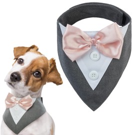FUAMEY Dog Tuxedo,Formal Wedding Bandana Collar with Bow Tie Birthday Costume Adjustable Pet Party Tux Attire,Dog Valentines Outfit Cosplay for Small Medium Large Pets Grey L L(Neck:14.9-20in)