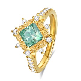 Green Moissanite Engagement Rings for Women, 18K Yellow Gold Plated 925 Sterling Silver, 1.5CT Princess Cut Cyan Blue Gemstone Anniversary Wedding Promise Ring for Women(Size 4-11), Sterling Silver,