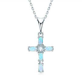 AINUOSHI 925 Sterling Silver Necklace Ladies Marquise Cut Synthetic Opal Cross Pendant Necklace for Her Women Mum Grandma Friend Birthday Mother's Day Gift Valentine's Day