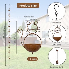 giole 10.53ft Rain Chain for Outside, Rain Chain with 10 Cat Cups, Adjustable Rain Catcher Chain for Outside, Replacement Downspout for Gutters, Eaves, Drainage